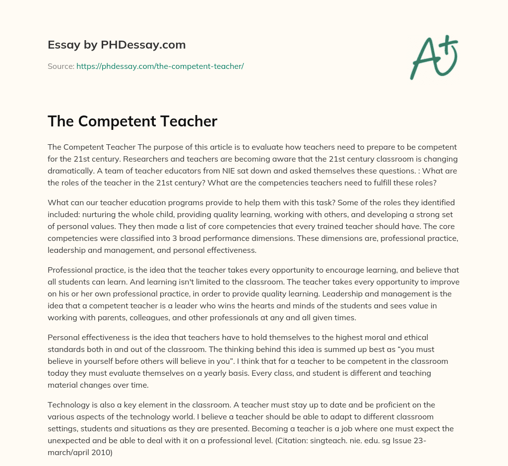 The Competent Teacher Essay Example (400 Words)