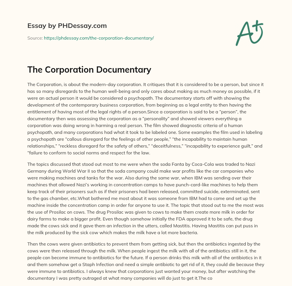 The Corporation Documentary (600 Words)