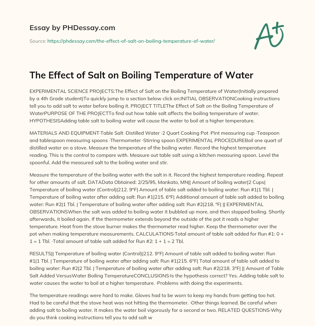 The Effect of Salt on Boiling Temperature of Water (500 Words