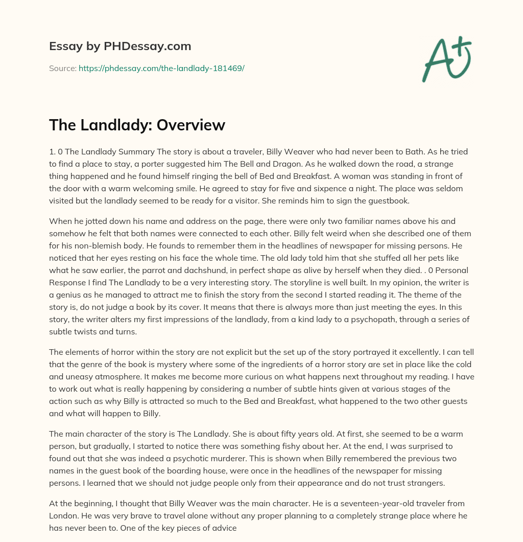 The Landlady Overview Summary And Thesis Essay (600 Words)