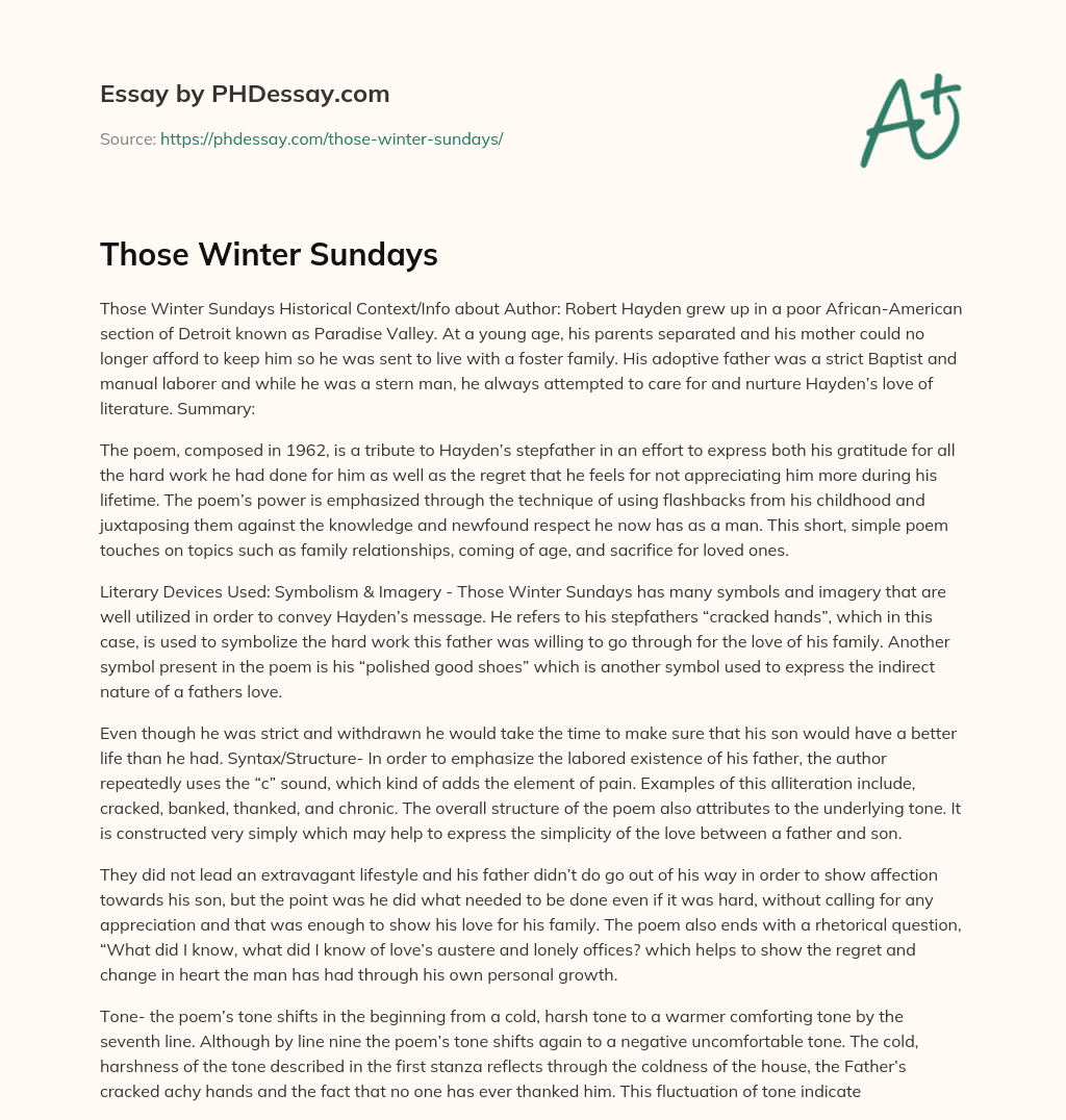 Those Winter Sundays (500 Words)