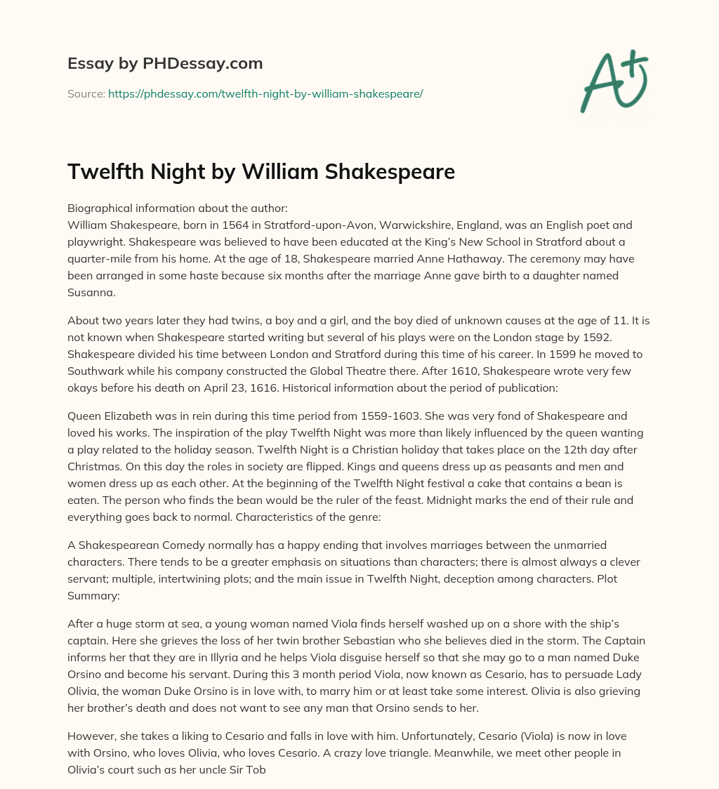 Twelfth Night By William Shakespeare Essay Example