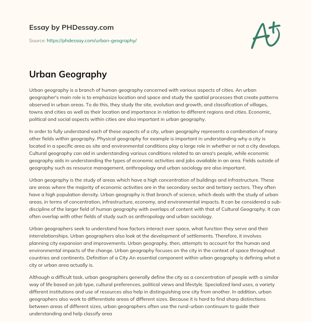 Urban Geography Definition Essay Example