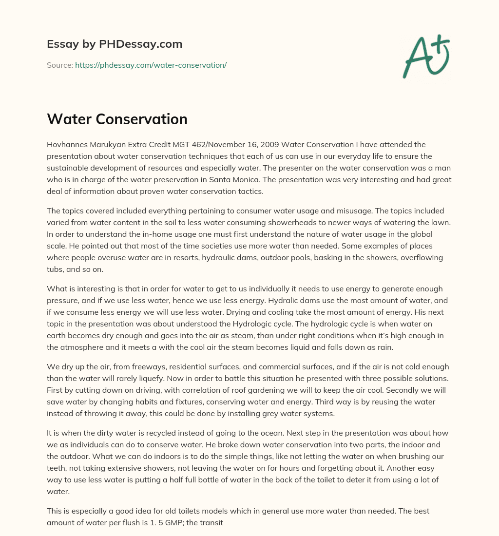 Water Conservation Essay Example