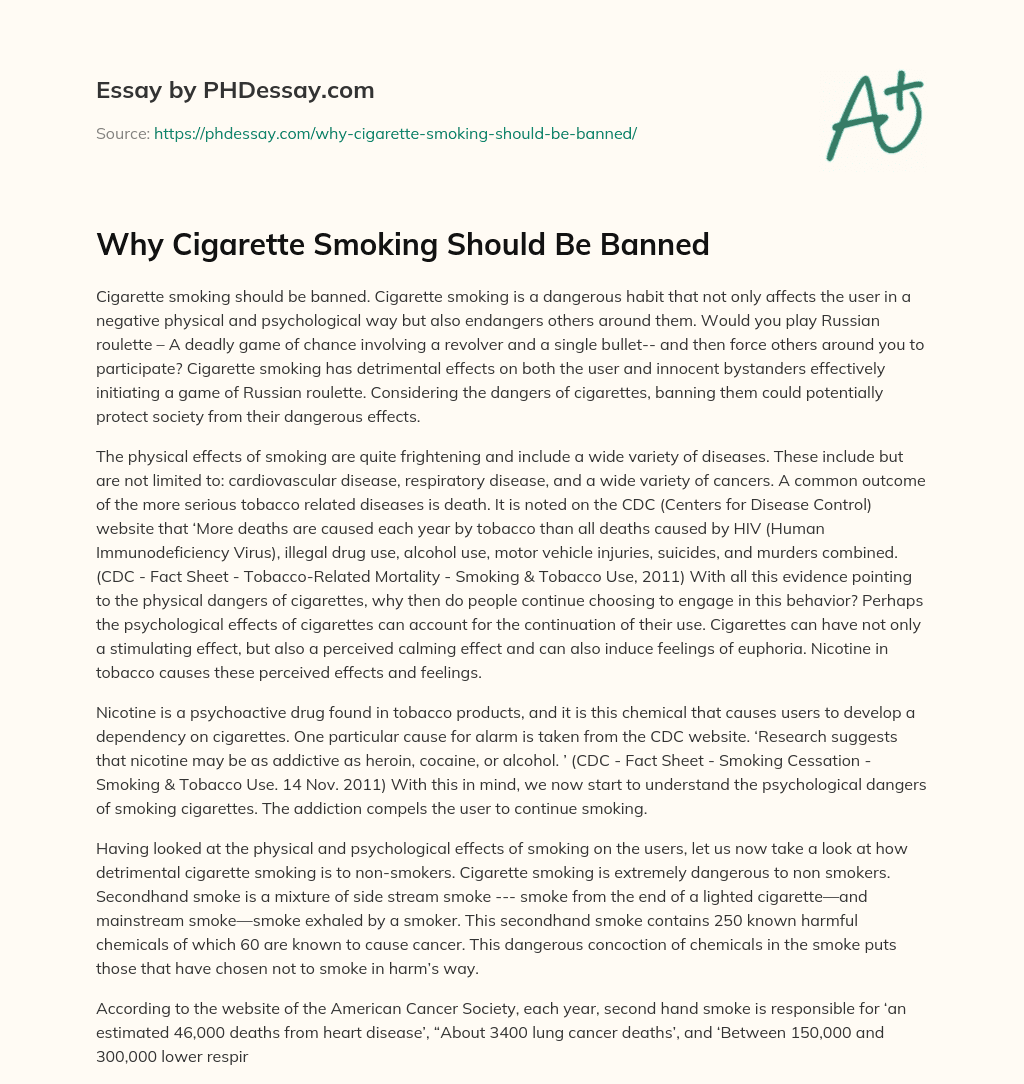 Why Cigarette Smoking Should Be Banned Essay Example