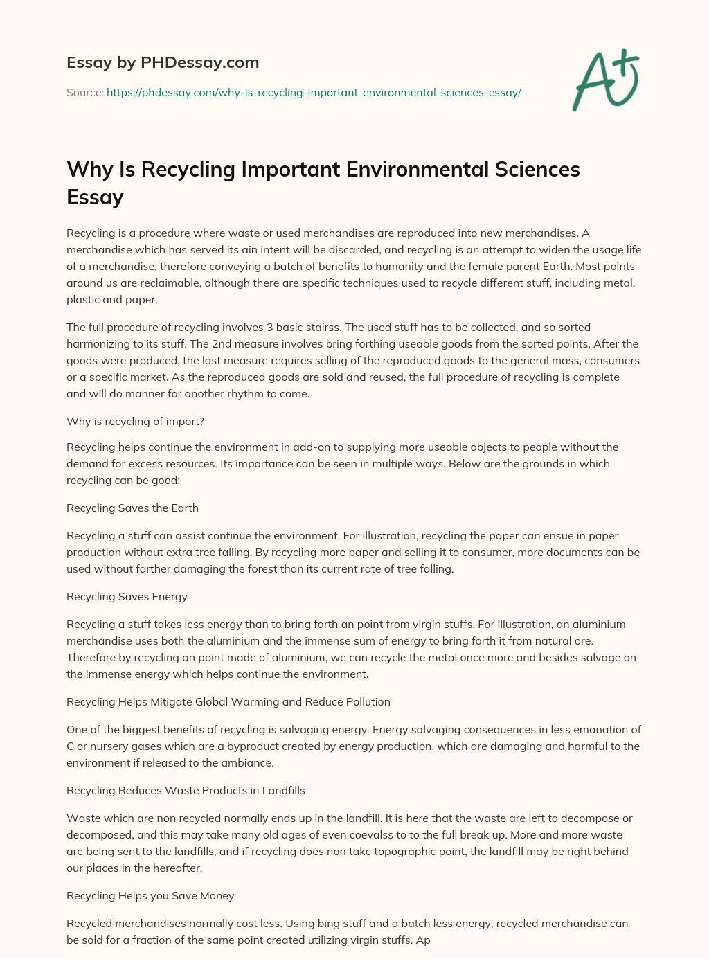 Why Is Recycling Important Environmental Sciences Essay