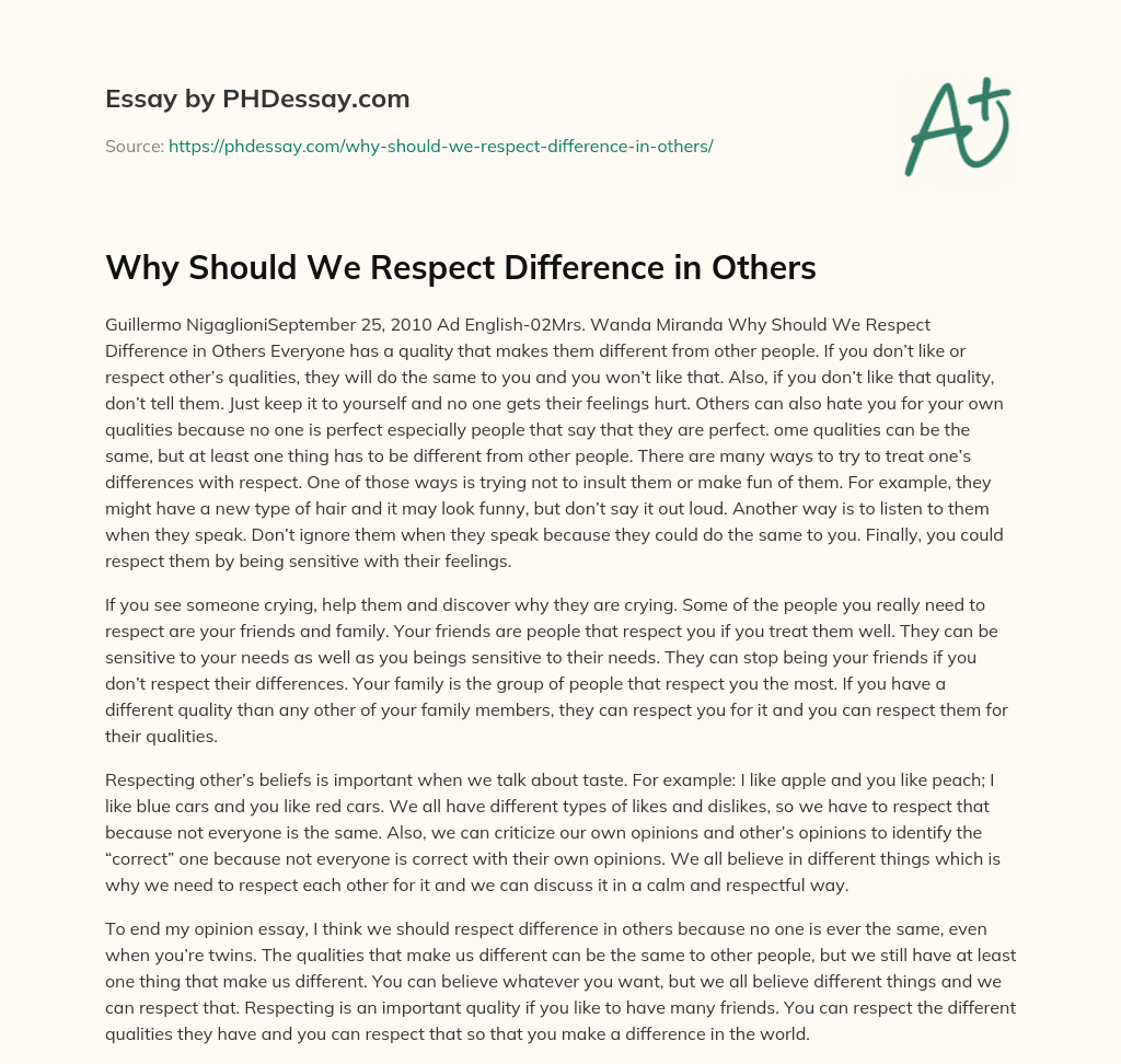 Why Should We Respect Difference In Others Essay Example (500 Words