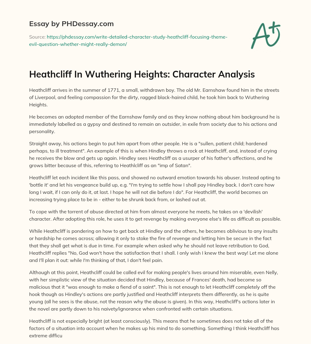 Heathcliff In Wuthering Heights Character Analysis Essay Example