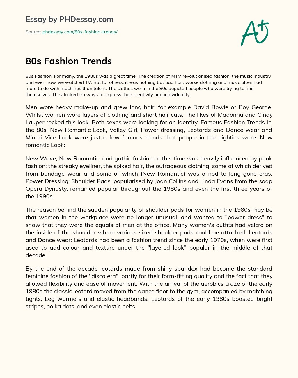 80S Fashion Trends Essay Paper Example (400 Words)