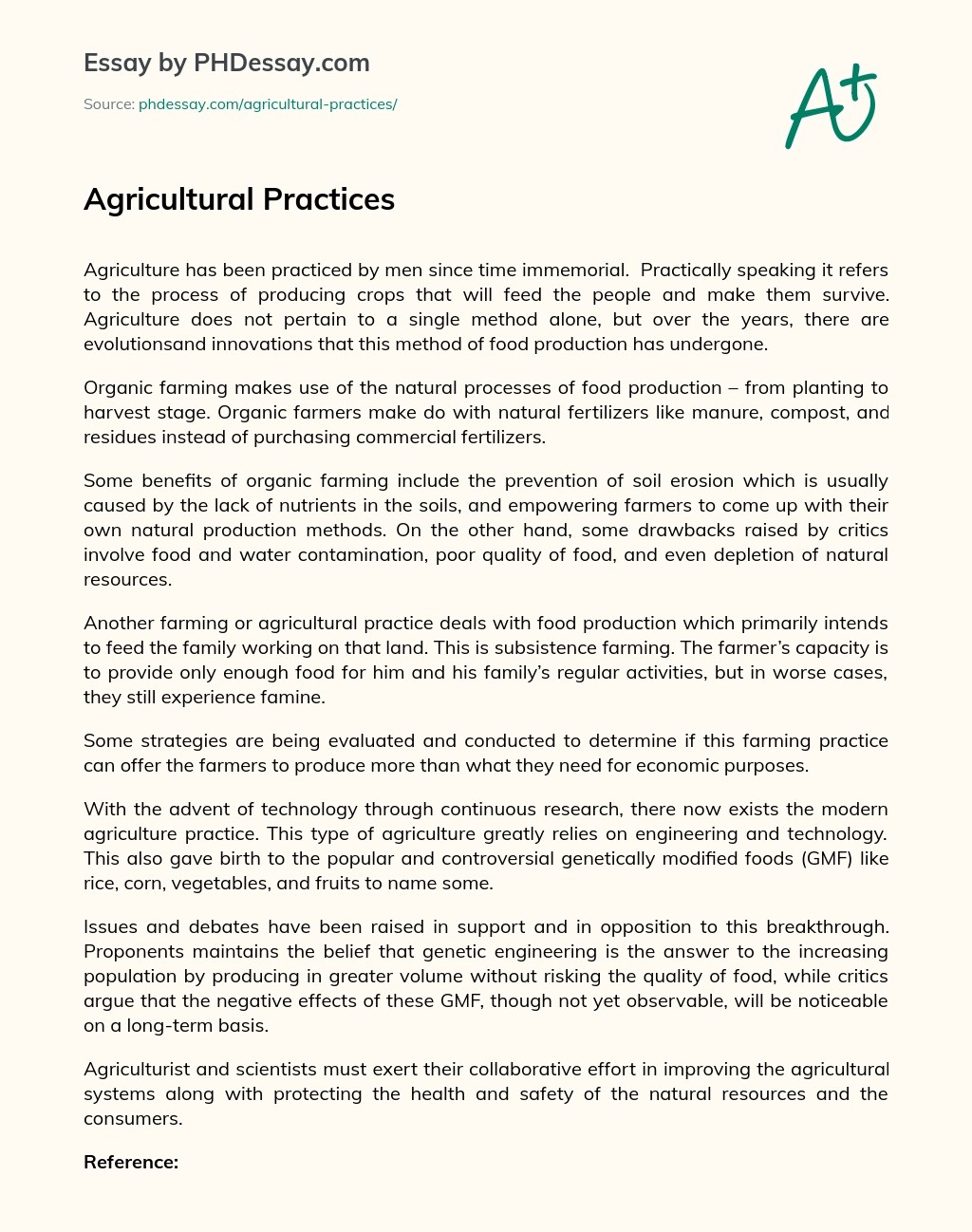 Agricultural Practices Narrative And Report Essay Example (400 Words)