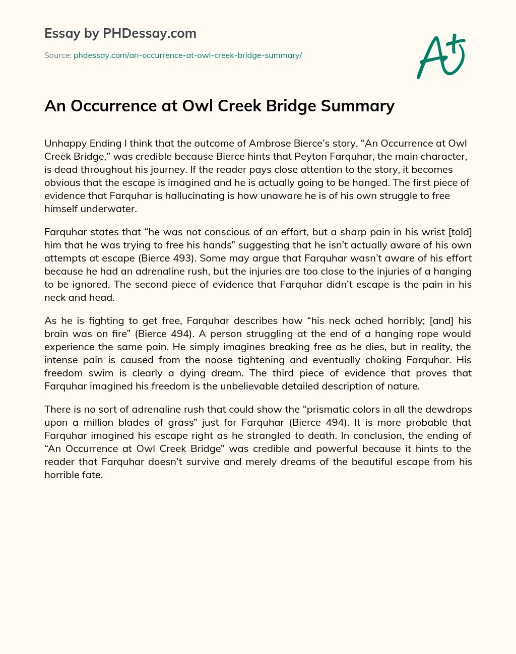 An Occurrence At Owl Creek Bridge Summary Essay Example (300 Words