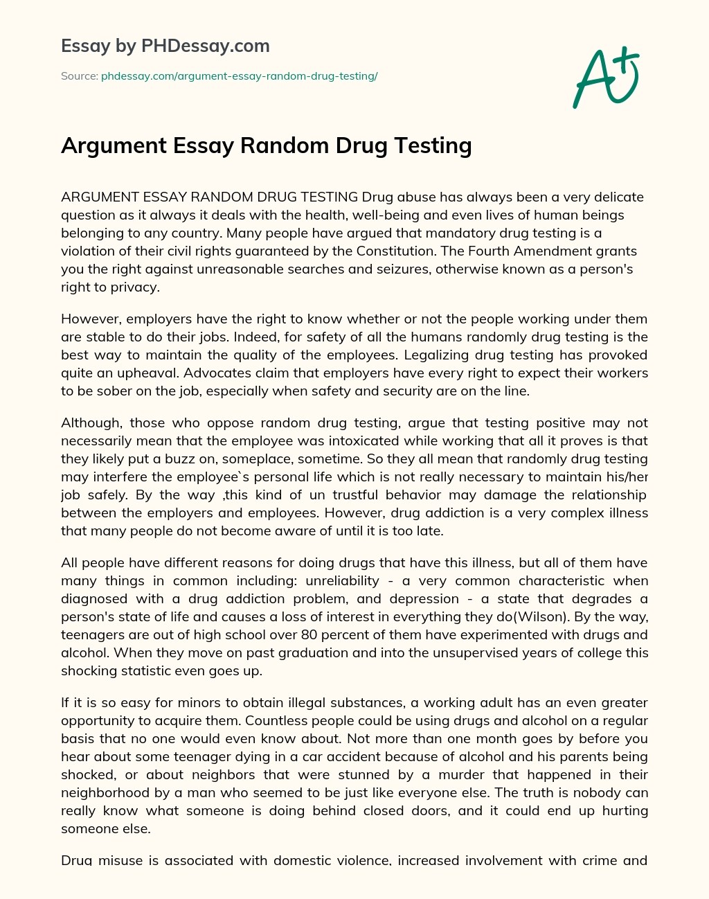 Argument Essay Random Drug Testing