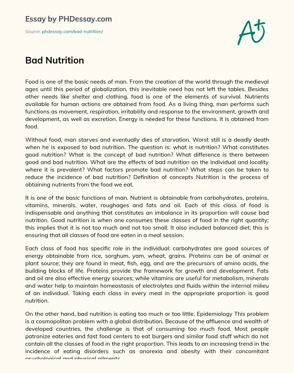 Bad Nutrition Argumentative Essay Example