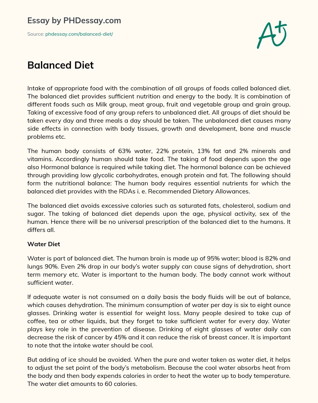 Balanced Diet Assignment Essay Example