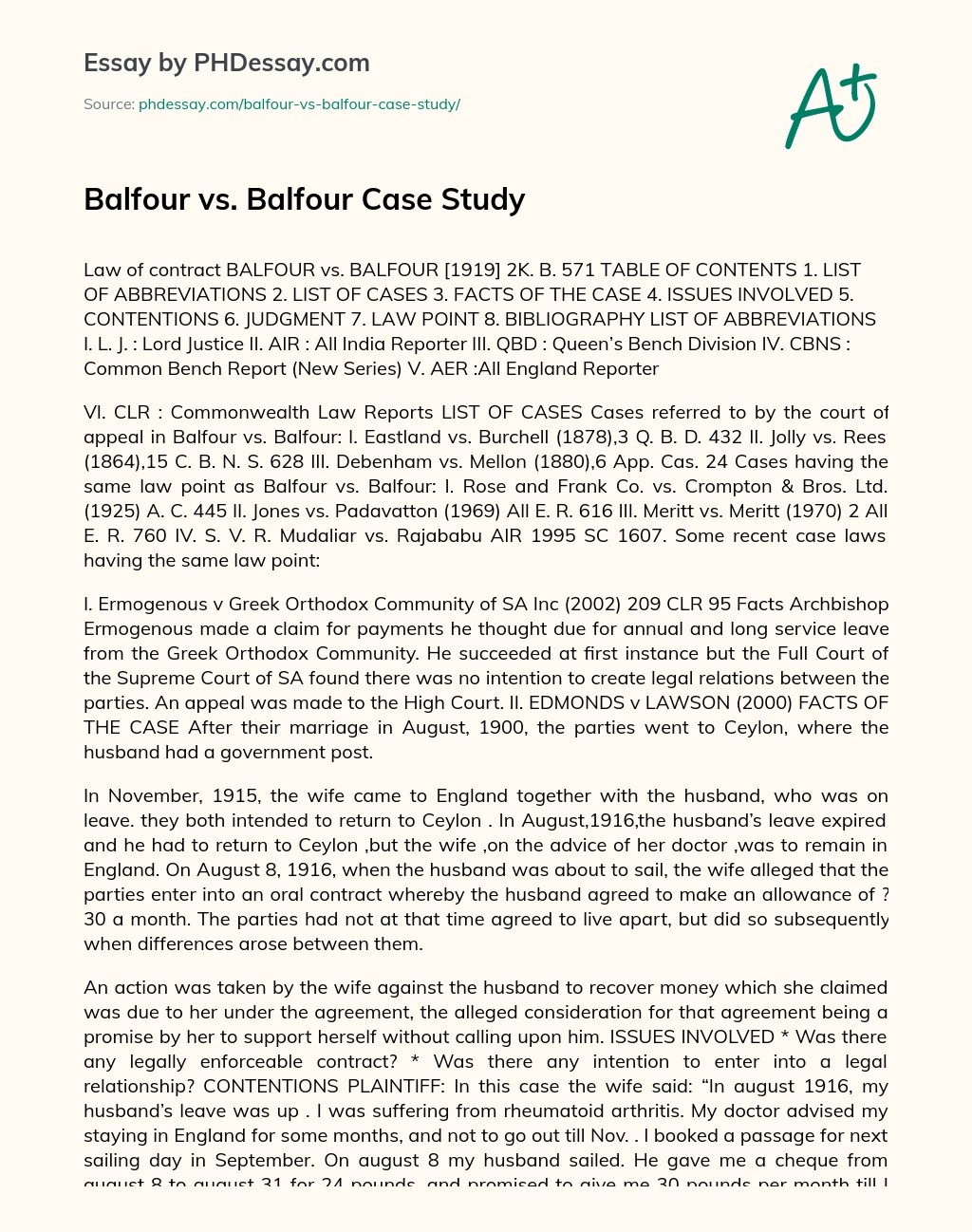 Balfour Vs. Balfour Case Study Example
