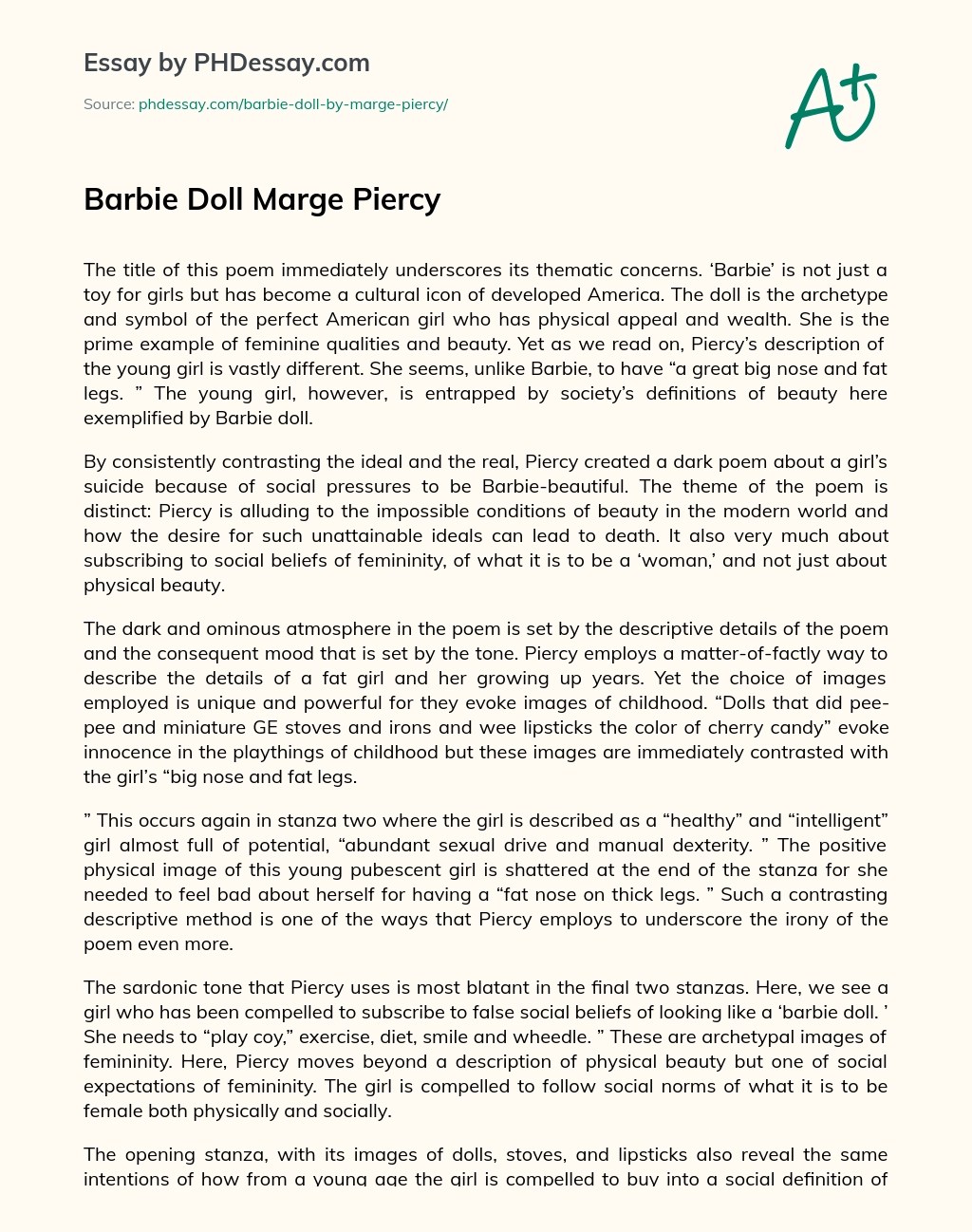 Barbie Doll Marge Piercy Summary And Analysis Essay