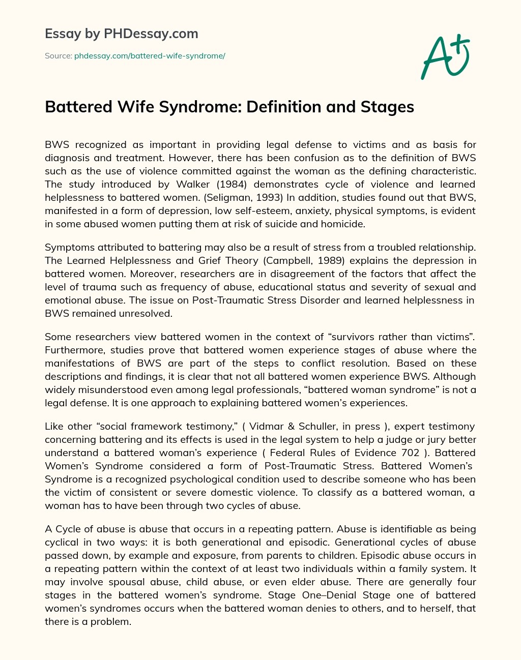 Battered Wife Syndrome Definition And Stages Essay Example