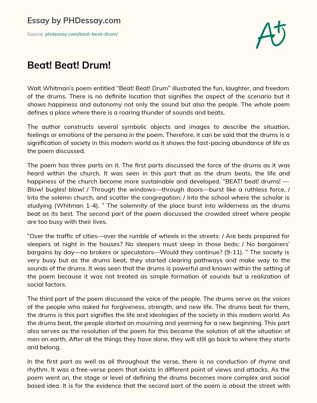 Beat! Beat! Drum! Summary And Analysis Essay (500 Words)