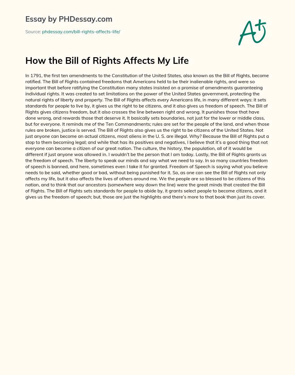 How The Bill Of Rights Affects My Life Reflective Essay Example (400