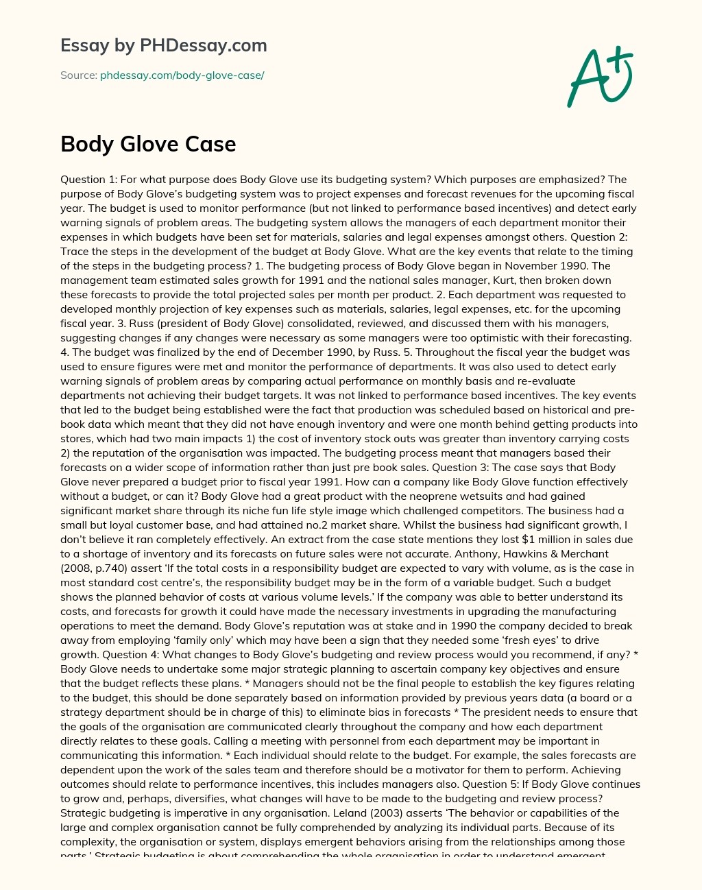 Body Glove Case Review And Case Study Example