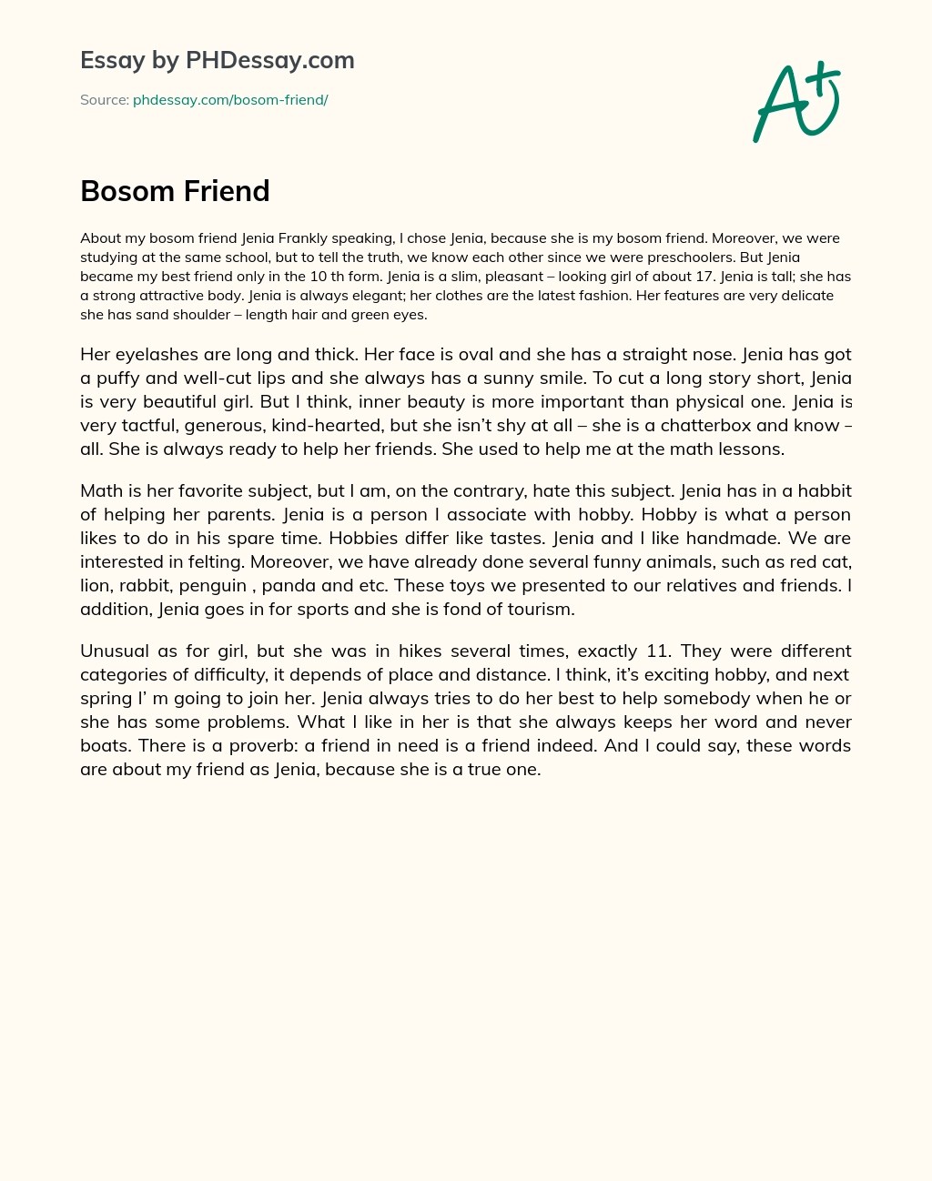 Bosom Friend Summary Essay Example (400 Words)