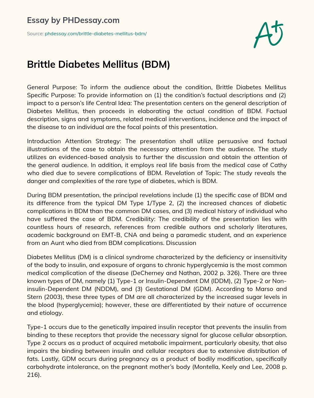 Brittle Diabetes Mellitus (Bdm) Definition Example