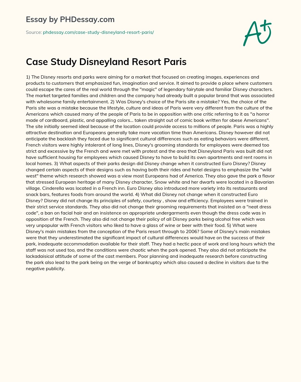 Case Study Disneyland Resort Paris Essay Example (600 Words)