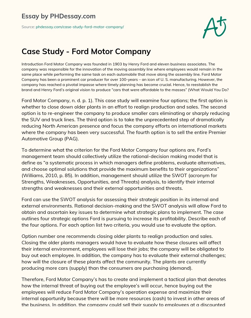 Case Study Ford Motor Company Essay Example