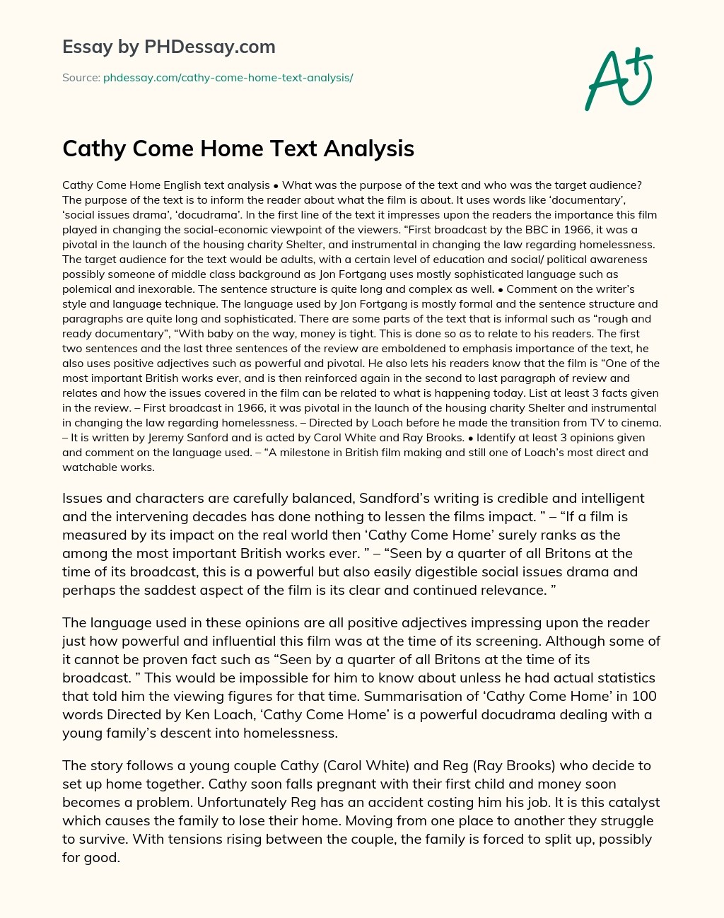 Cathy Come Home Text Analysis