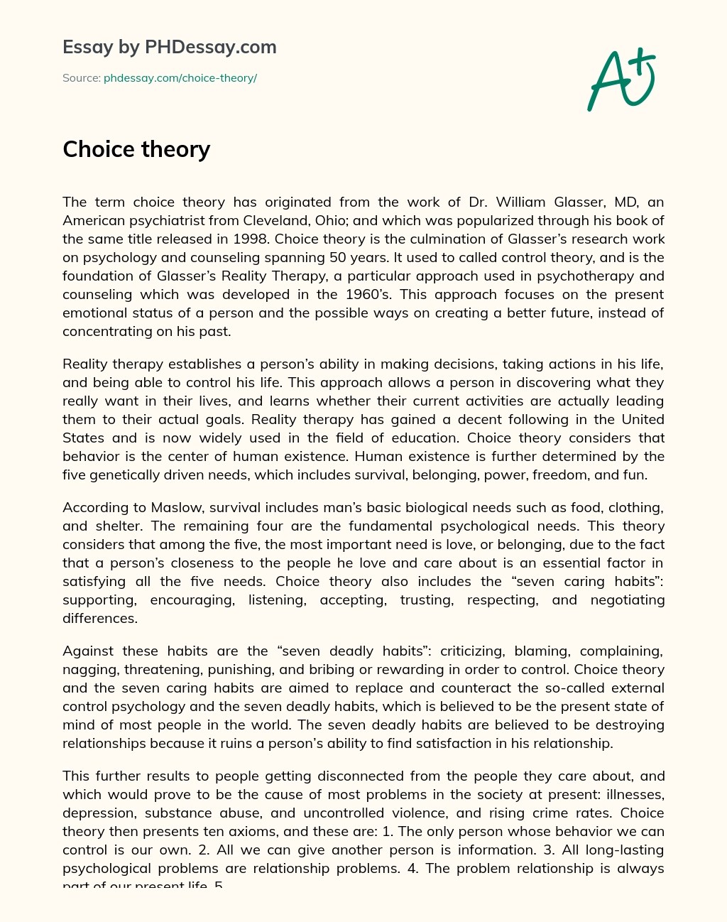 The Origin and Principles of Choice Theory and Reality Therapy by Dr. William Glasser