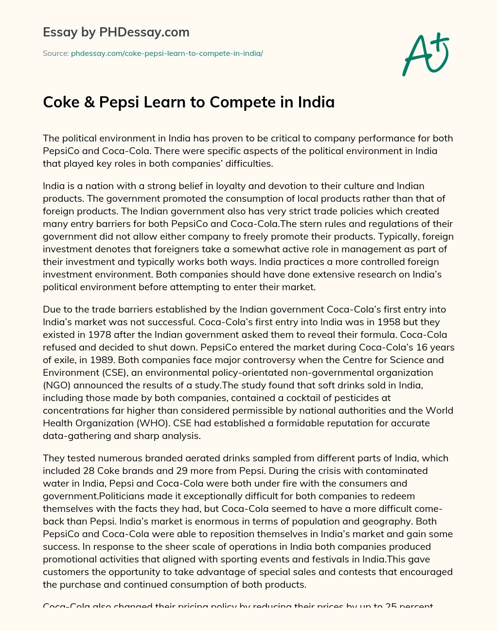 Coke & Pepsi Learn To Compete In India Case Study Essay Example