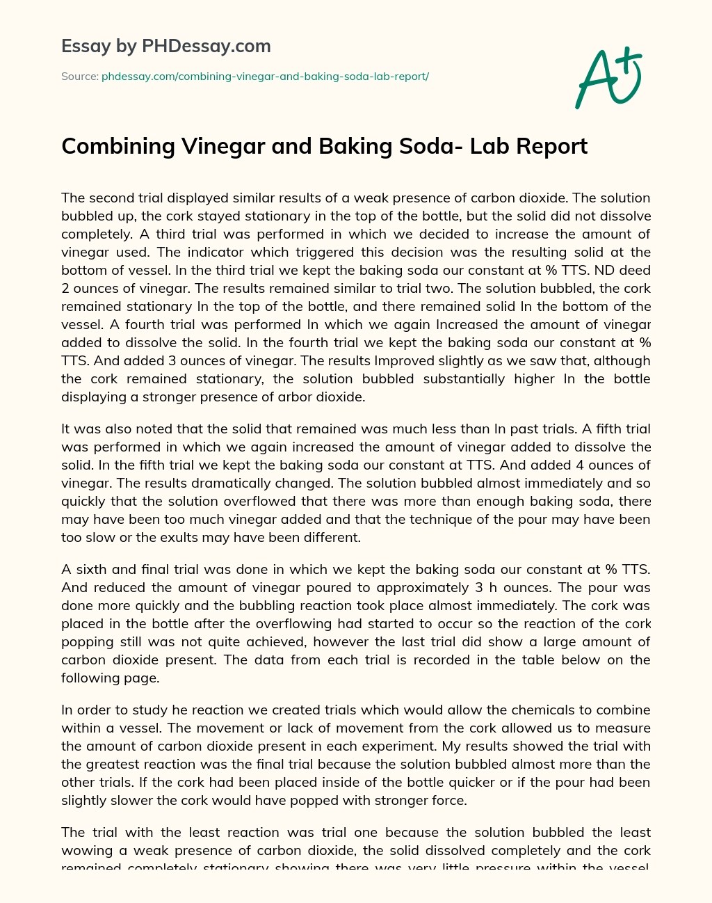 Combining Vinegar and Baking Soda Lab Report (600 Words)