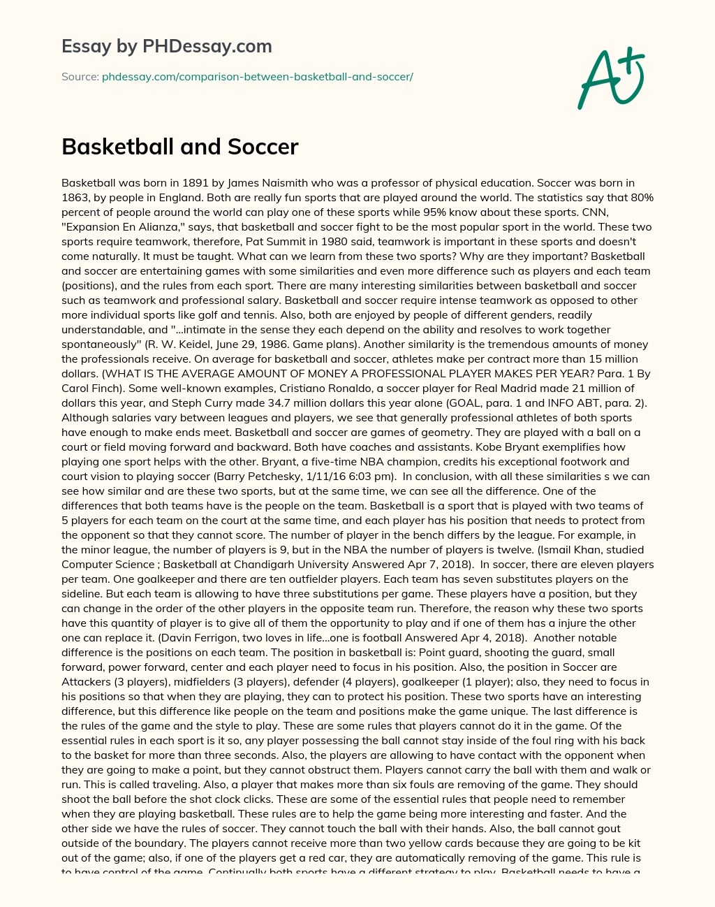 Basketball And Soccer Compare And Contrast Essay Example