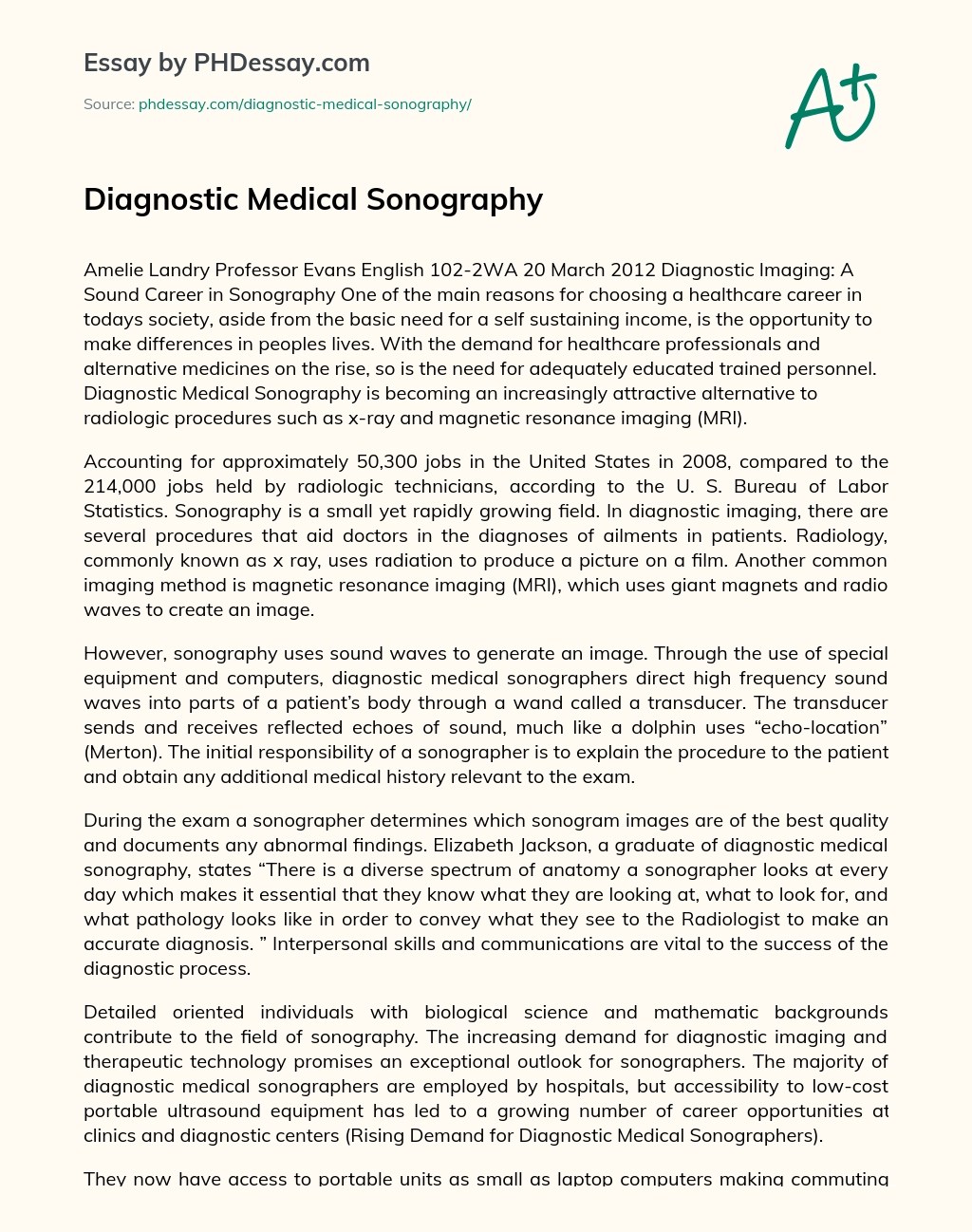 Diagnostic Medical Sonography Personal Essay Example
