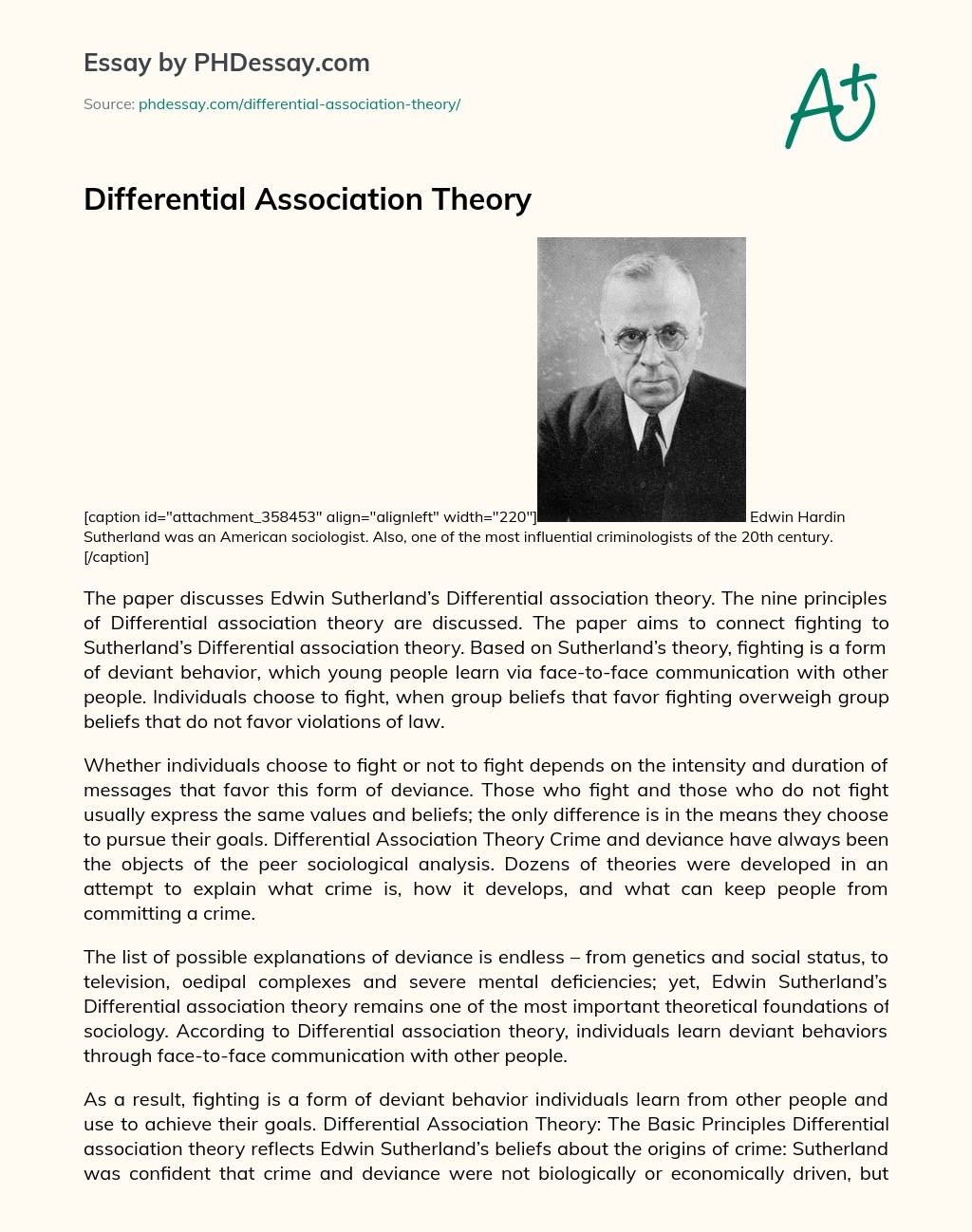 Differential Association Theory Definition Essay Example