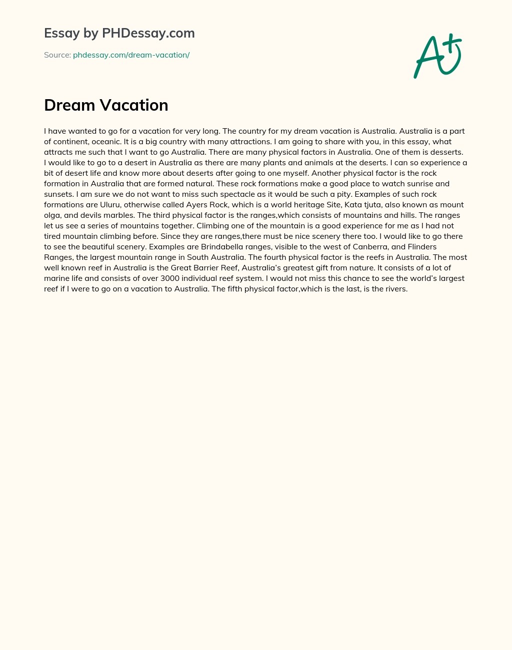 Dream Vacation Descriptive And Reflective Essay Example (300 Words