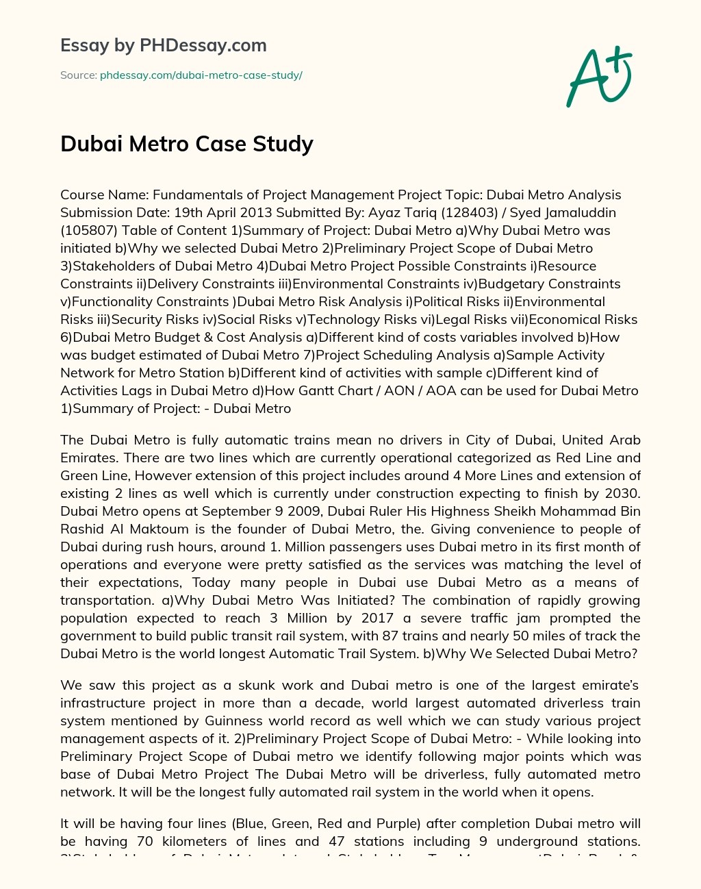 Dubai Metro Case Study