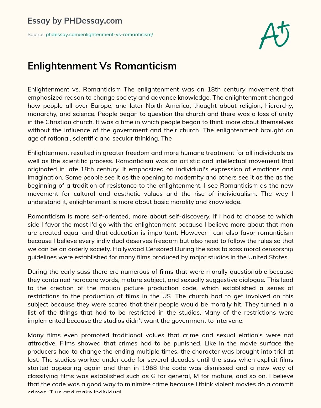 Enlightenment Vs Romanticism Essay Example (500 Words)