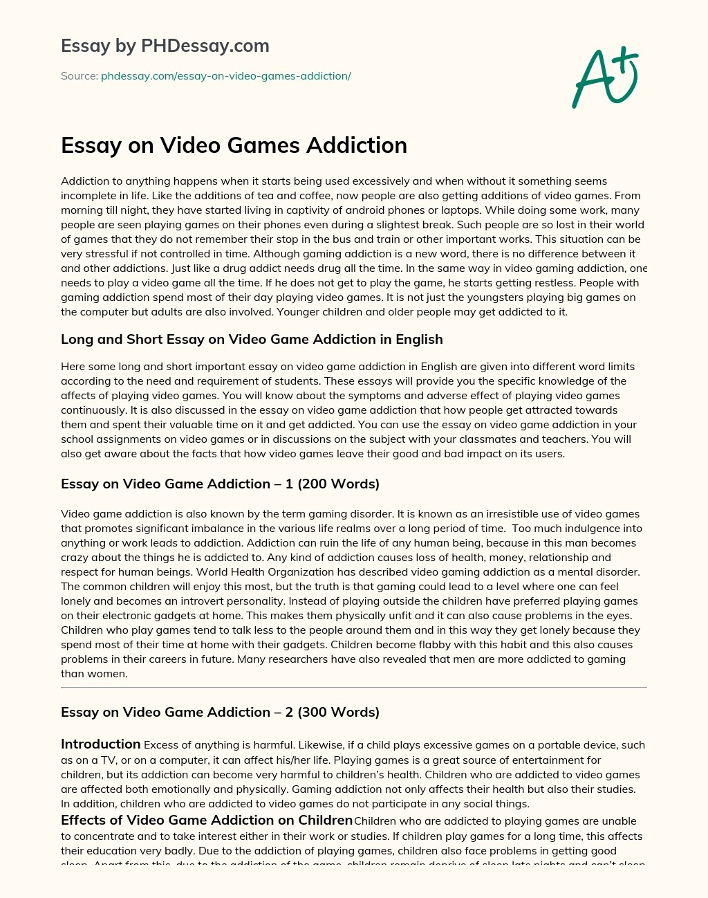 Essay On Video Games Addiction Cause And Effect Sample 150, 200, 400