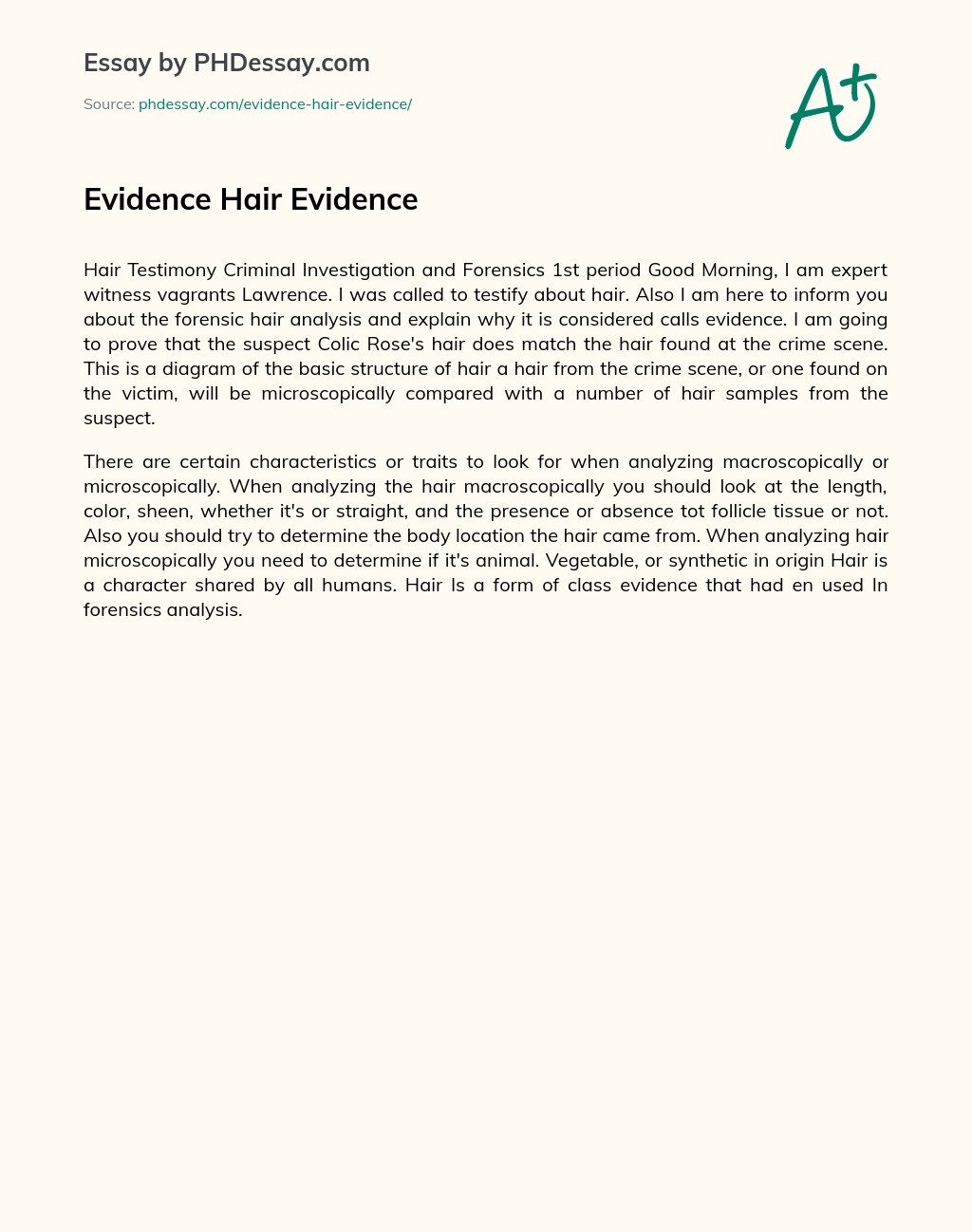 Evidence Hair Evidence Analysis Essay Example (200 Words)