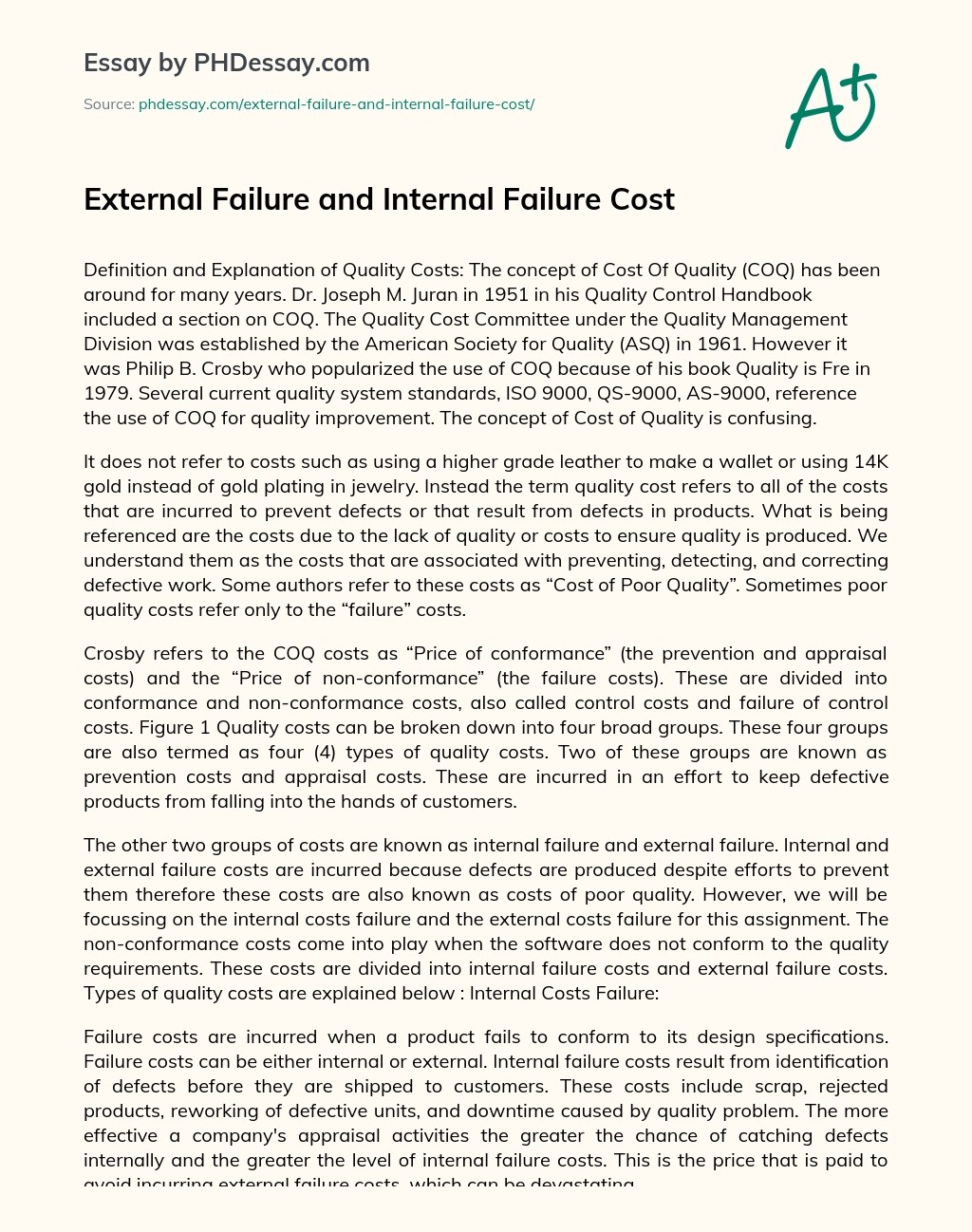 External Failure And Internal Failure Cost Example