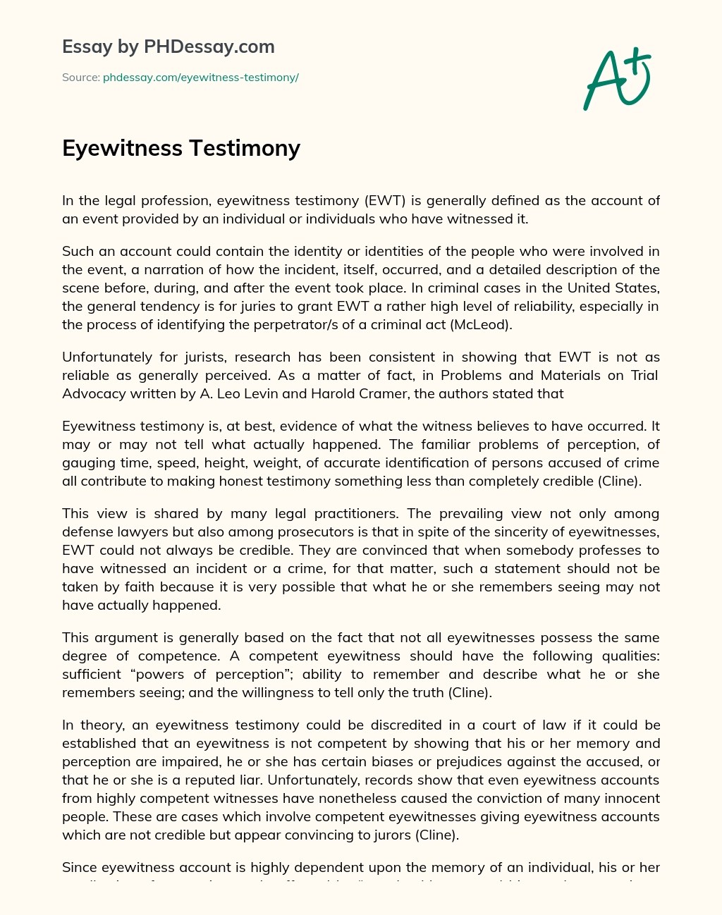 Eyewitness Testimony Report And Personal Essay Example - PHDessay.com