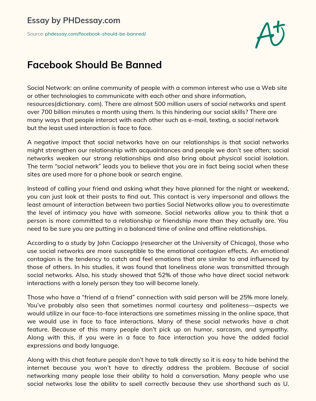 Facebook Should Be Banned Argumentative Essay Example (500 Words