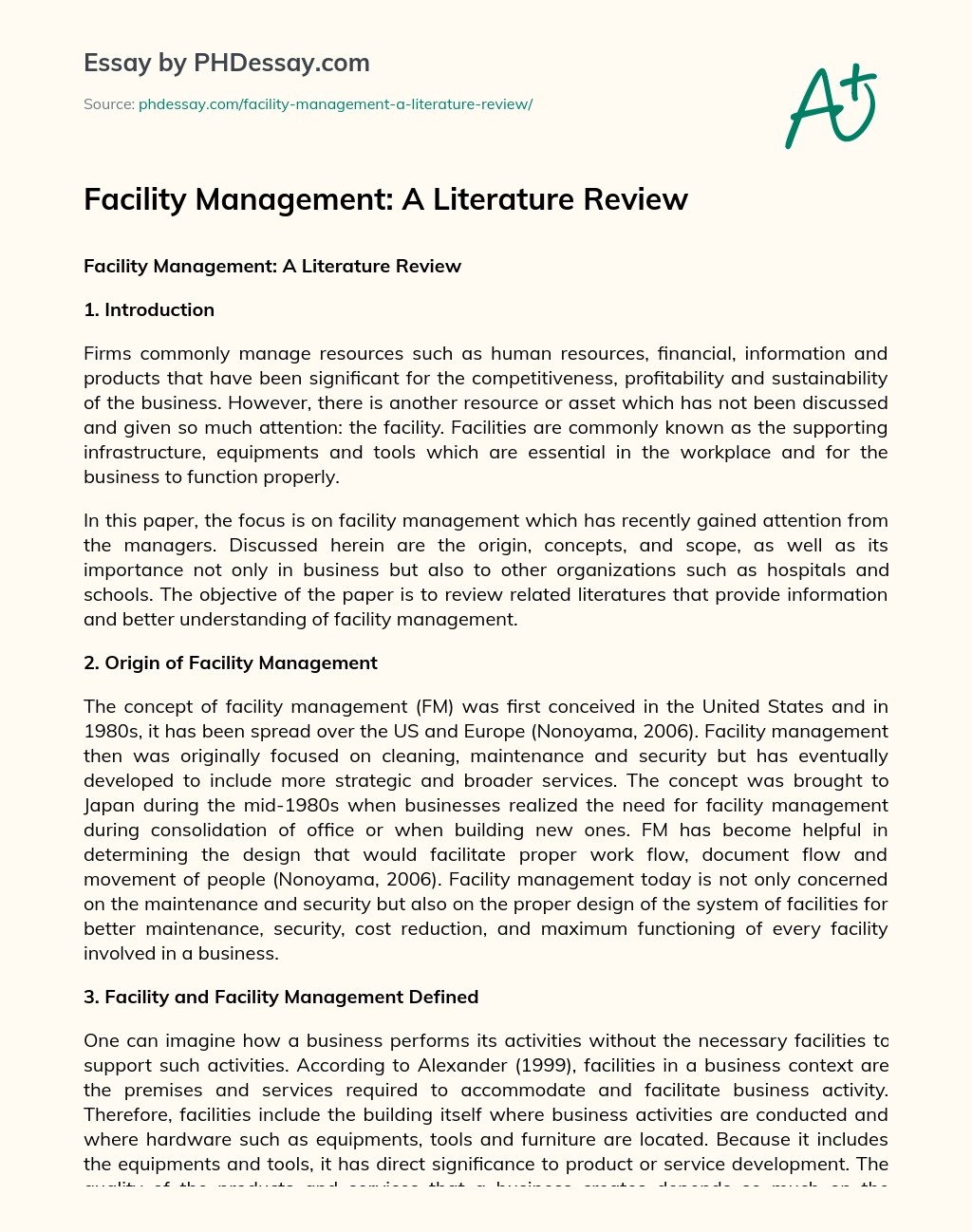 Facility Management A Literature Review Essay Example