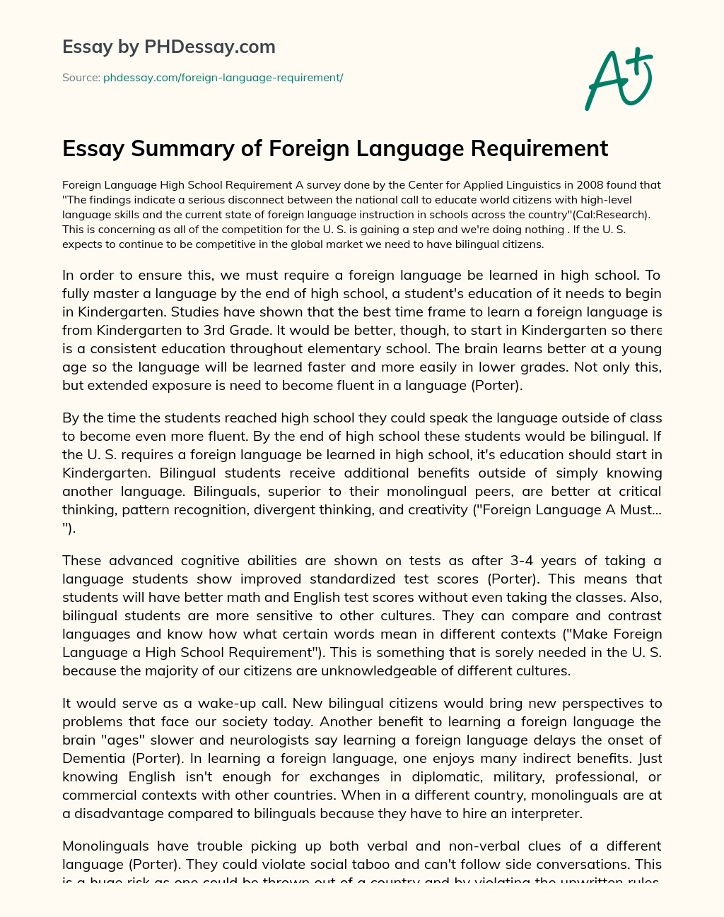 Foreign Language Requirement Persuasive And College Essay Example