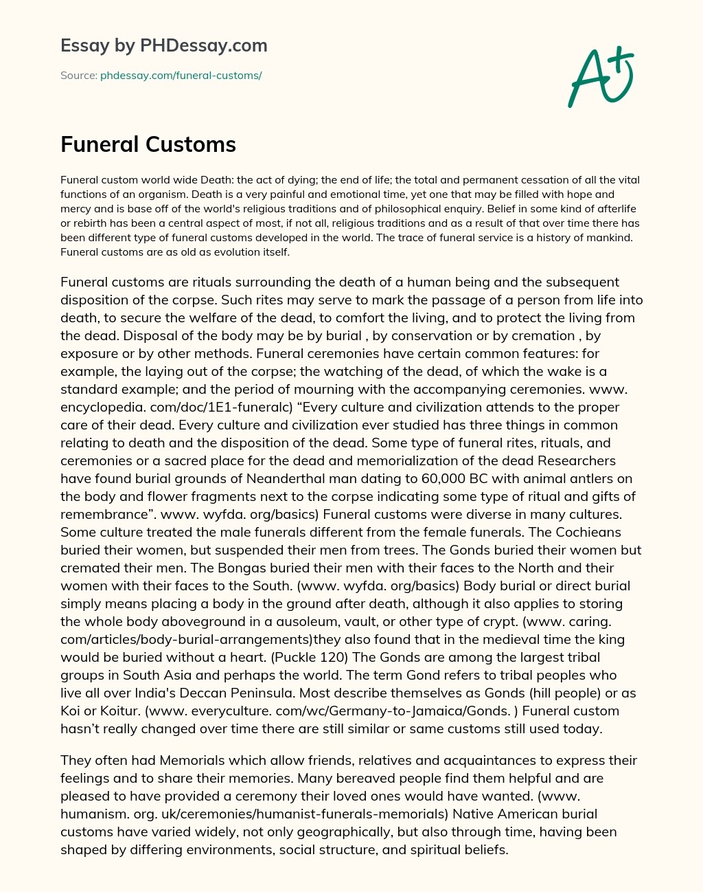 Funeral Customs Descriptive And Narrative Essay Example