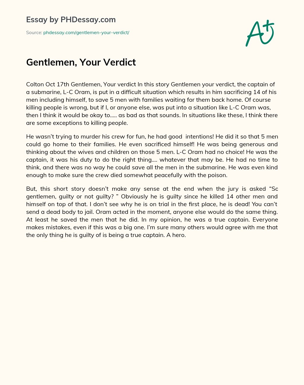 Gentlemen, Your Verdict Summary Essay Example (300 Words)