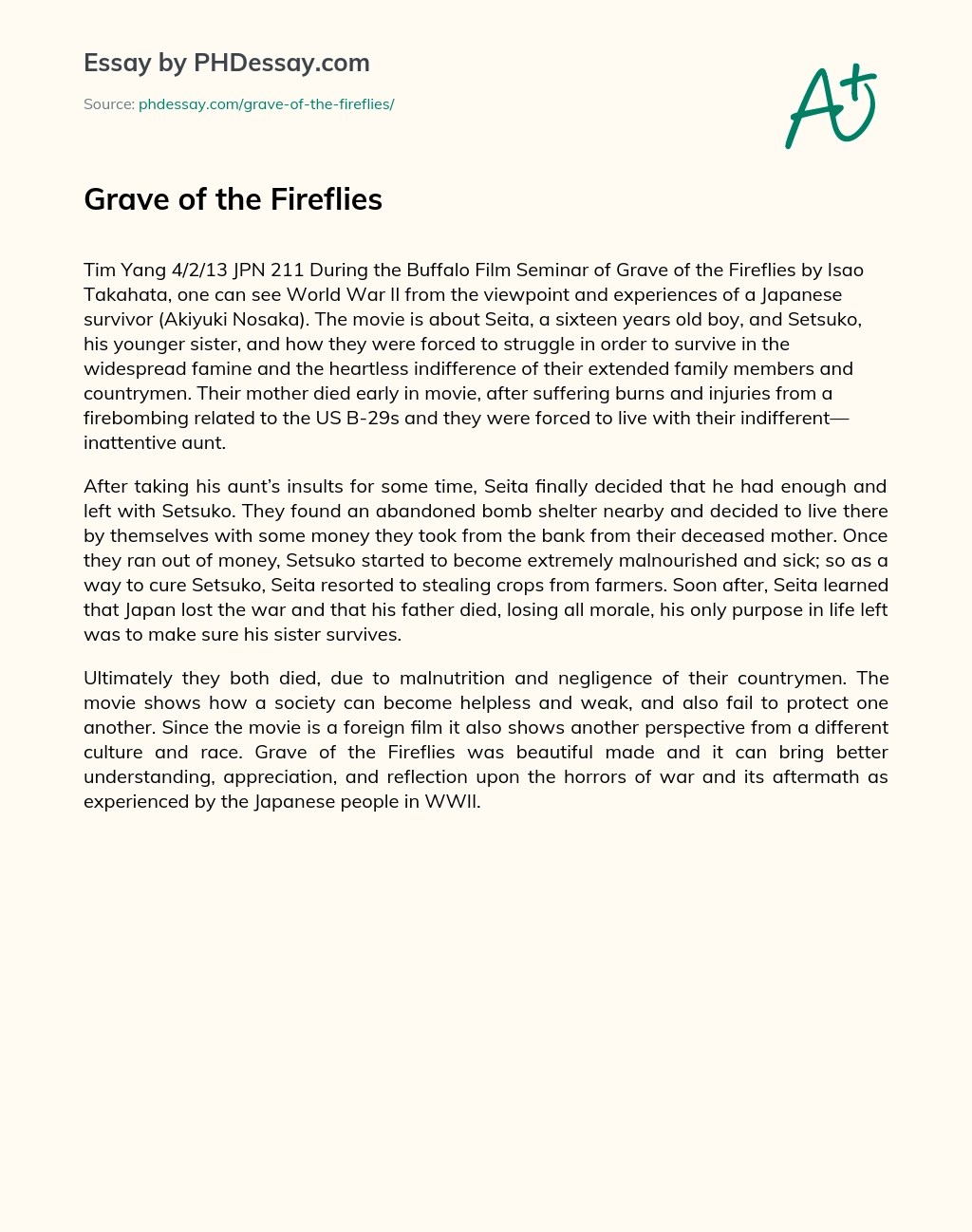 Grave Of The Fireflies Summary Essay Sample (300 Words)