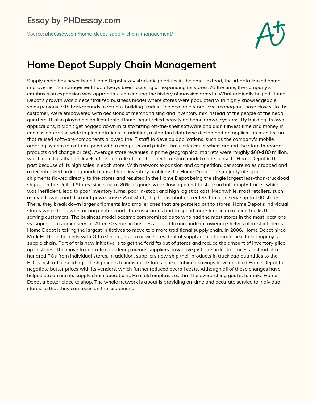 Home Depot Supply Chain Management (600 Words)