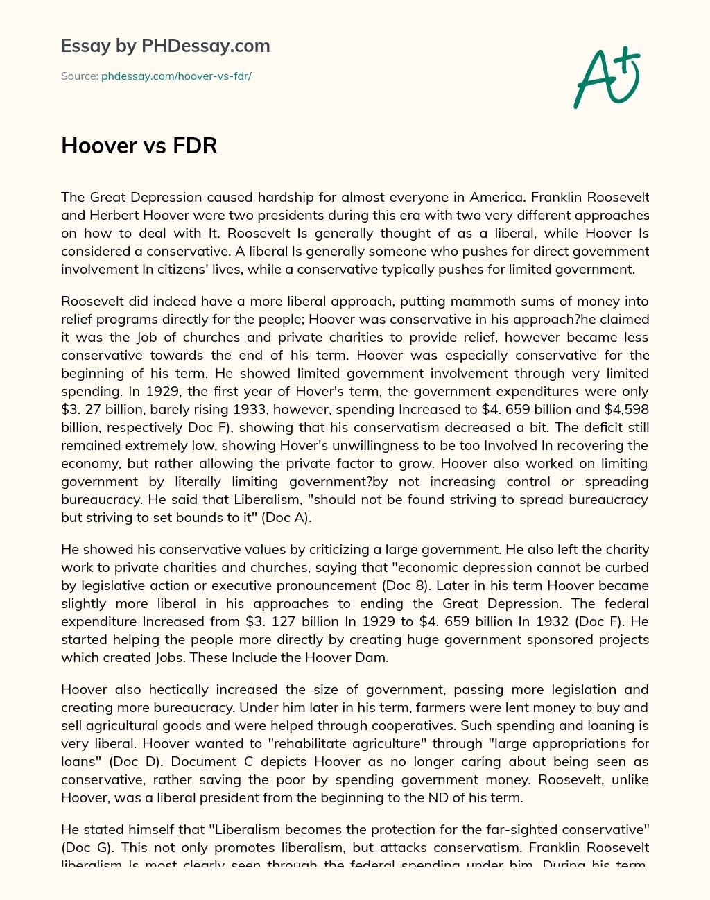 Hoover Vs Fdr Essay Example (600 Words)